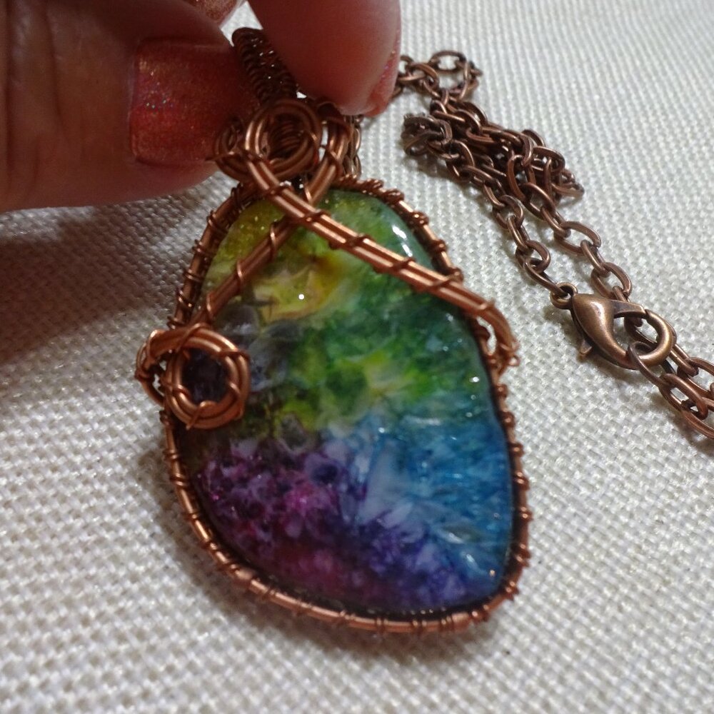 Beautiful SOLAR AGATE Handmade COPPER WIRE-WRAPPED PENDANT/Chain #327C